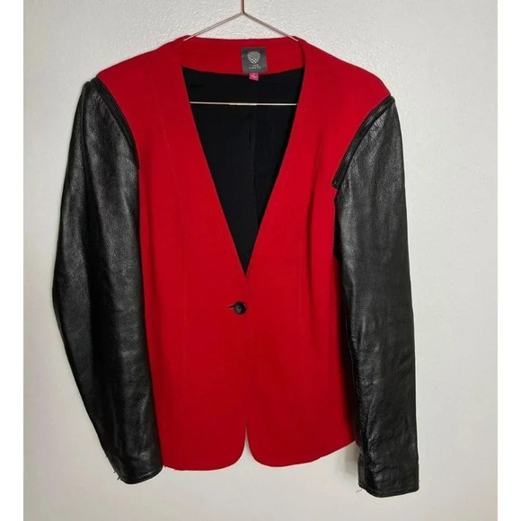 Vince Camuto Womens Long Sleeve Faux Leather One Button Jacket Red Black Sz 6 - Picture 1 of 10